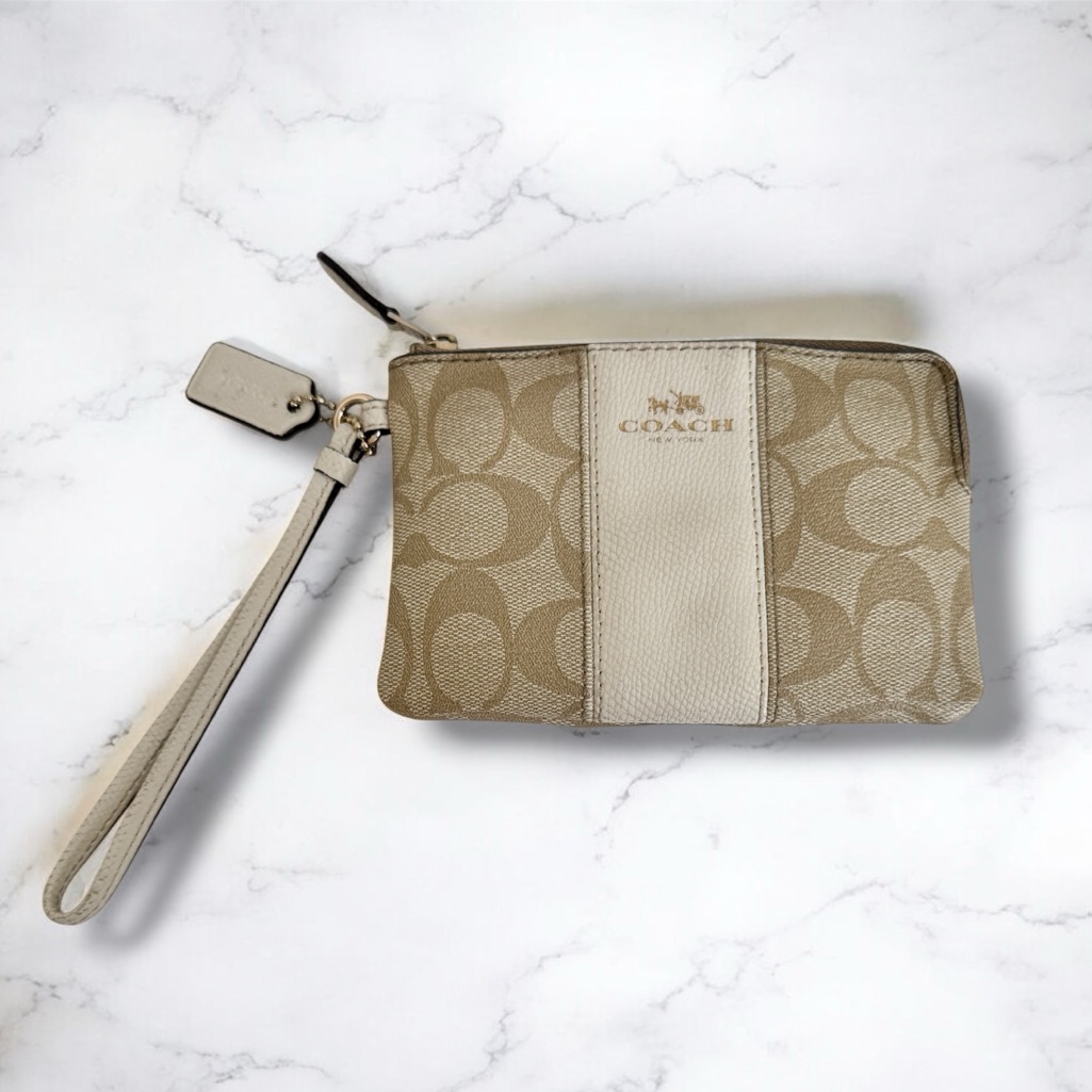 Coach Coated Canvas & Crossgrain Leather Wristlet Signature C Canvas Beige/White